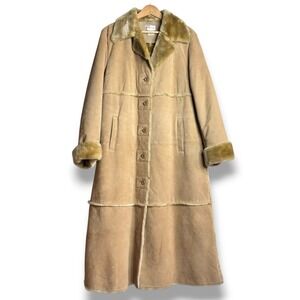 Charles Klein Vintage Genuine Leather Faux‎ Fur Trim Long Maxi Coat Women Size L